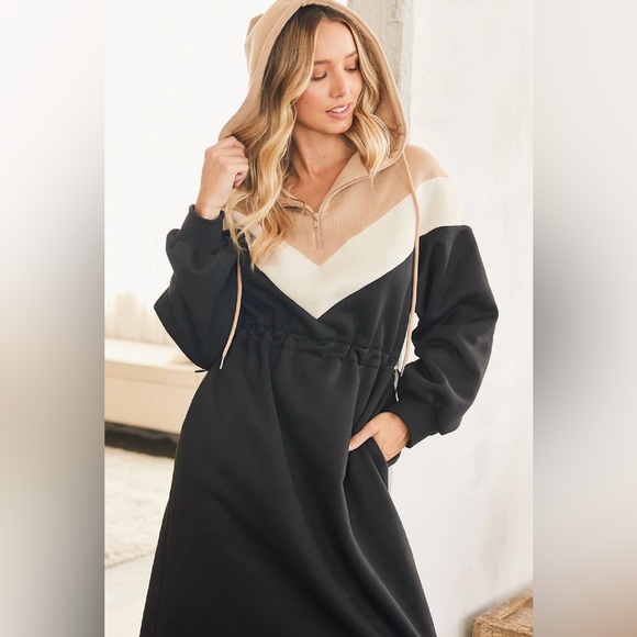 NWT Boutique Amelia Chevron Color Block Midi Hoodie Dress - Picture 4 of 9